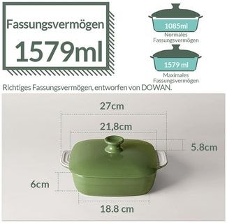 Dowan Auflaufform Backform mit Deckel, keramische Auflaufform, 1,6 Liter, grün, Keramik