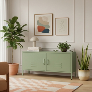 skølm 'Atria' Lowboard, Metall, grün, 55x38x110 cm, Metallkommode mit 4 Fächern