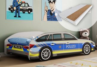 Kids Collective Autobett Kinderbett Jugendbett 70x140 und 80x160 cm Polizei Motiv, mit Rausfallschutz Kinder Spielbett 70x140 cm mit Matratze