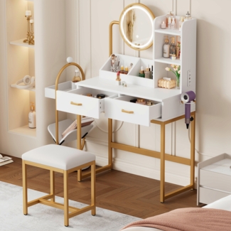 Merax Schminktisch mit LED-Beleuchtung, drehbarem Spiegel & Steckdosen – mit Hocker – 2 Schubladen + 2 offene Ablageflächen, weiß & gold