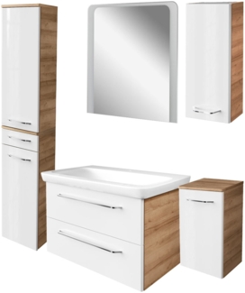 FACKELMANN MILANO Badmöbel Set 6-teilig, 88 cm breit, Braun hell/Weiß, Waschbecken Keramik, Spiegel + 3 Badschränke
