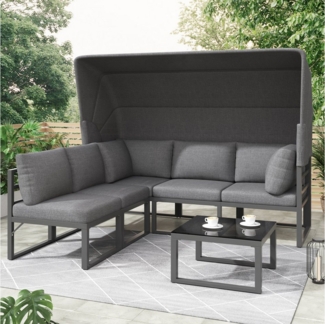 MC Star Gartenlounge-Set Garten Loungesessel Set, Iron Sunny Island Sitzgruppe Hocker und Tisch, (Markise 4er Set Balkon und Garten Loungemöbel Terrassenmöbel Wetterfest Grau Inkl. aller Kissen)
