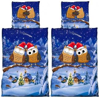 Buymax Bettwäsche Fleece Bettbezug-Set Eulen, Fleece, 4 teilig, 135x200 cm, Weihnachten Wintermotiv, Schnee, Blau