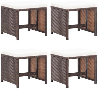 Gartenhocker 4er Set, Fußhocker mit Kissen Poly Rattan Braun