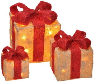 Spetebo LED Dekoobjekt LED Geschenkboxen mit Timer 3er Set - rot, Timerfunktion, LED fest verbaut, warm weiß, Weihnachts Deko Boxen warm weiß beleuchtet