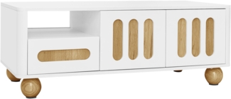 Moderne Couchtisch 105x50x40 cm - Wei? und Holzoptik mit 4 Tren, 2 Schubladen und offenem Fach, LED-Licht C Abgerundete Ecken, kugelf?rmige Tischbeine, vielseitiger Stauraum