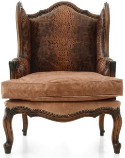 Casa Padrino Luxus Barock Leder Ohrensessel Braun - Handgefertigter Barockstil Wohnzimmer Echtleder Sessel - Luxus Wohnzimmer Möbel im Barockstil - Barock Leder Möbel - Edel & Prunkvoll