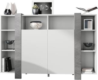 Vladon Highboard Ida, Anrichte mit 12 Fächern, Korpus in Weiß matt, Blenden in Scratchy Metal (149 x 101 x 34 cm)