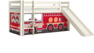 Kinderbett mit Rutsche Karolina Massivholz Weiß Textilset Feuerwehr
