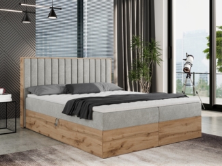 Boxspringbett mit dekorativem Kopfteil und zwei Bettkästen, Eiche Holzrahmen - ALBERO 4 - 180x200 cm - Hellgrau Stoff - H4