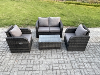 Fimous 4 PC Outdoor PE Rattan Gartenmöbel Set Wicker Liebe Sofa Couchtisch 2 Sessel Dunkelgrau Gemischt