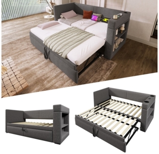 STILVORA Polsterbett Polsterbett 90x200 mit matratze und USB,Tagesbett ausziehbar (Daybett, Schlafsofa mit Ausziehbett, 1-tlg, Leinen-Mischgewebe, 90x200 cm, mit einer Hauptbett Matratze), mit Armlehnen, mit USB- & Type-C-Ladeanschluss und Getränkehalter