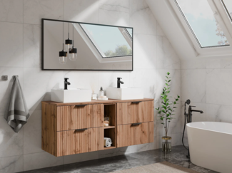 Vente-unique - Waschbeckenunterschrank hängend mit Ablagen & Doppelaufsatzwaschbecken quadratisch - Streifenoptik - Holzfarben hell - 140 cm - ZEVARA