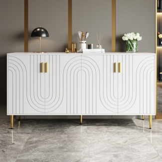 Flieks Sideboard Buffetschrank mit Einzigartigem Wellendesign und goldenen Griffen (152 x 40 x 75 cm, 1 St), Kommodechrank mit 4 Türen Wohnzimmer hochglanz Anrichte Weiß