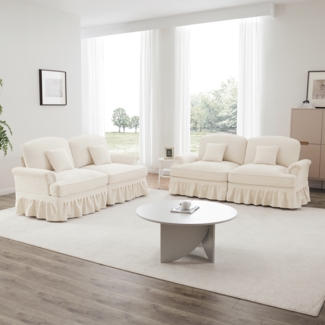 Elegantes Mid-Century L-förmiges 2-Sitzer Sofa, Chenille, Trichter-Armlehnen, abnehmbare Rüschenschürze, spindelförmige Beine, beweglicher Hocker, weiss