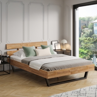 skølm 'Alver' Bett 140x200 cm, Bettgestell, natur geölt, Massivholzbett aus Eiche mit Metallkufen, Doppelbett mit Streben Bettkopf