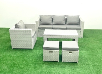 Fimous Polyrattan Gartenmöbel Set 5 Stücke Outdoor Garten Sofa Rechteckiger Couchtisch Set mit Sessel 2 kleine Fußhockern Hellgrau gemischt