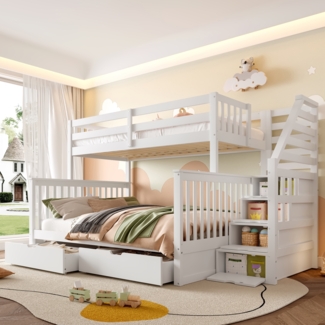 Etagenbett 90x200 cm über 140x200 cm Weiß – Kinderbett mit Sicherheitsgeländer, Leiter, 2 Schubladen, Stauraum