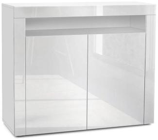 Vladon Kommode Valencia, Sideboard mit 2 Türen und 1 offenem Fach, Weiß matt/Weiß Hochglanz/Weiß Hochglanz (108 x 92 x 40 cm)