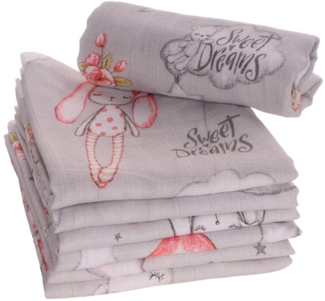 La Bortini Spucktuch Baby Mullwindeln 10er Pack Mulltücher Stilltücher Schmusetücher, aus reiner Baumwolle, atmungsaktiv, in Grau mit Häschen Motive