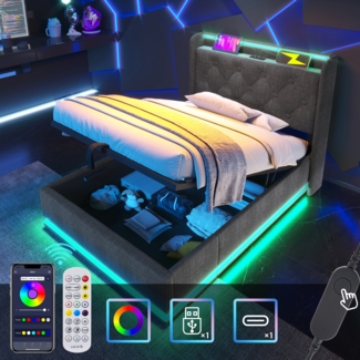 Polsterbett 90x200 cm Grau mit 360° LED-Beleuchtung, Kopfteil mit USB Typ-C Ladefunktion & hydraulischem Stauraum