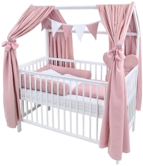 Baby-Delux Komplettbett Hausbett Babybett Komplettset Waffelpique Musselin, 12-tlg, Kinderbett 60x120 cm weiß, Bettset verschiedene Designs