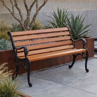 Gartenbank HWC-O25, Sitzbank Parkbank Holzbank 2-Sitzer, Gusseisen Holz Kiefer, 132cm ~ teak