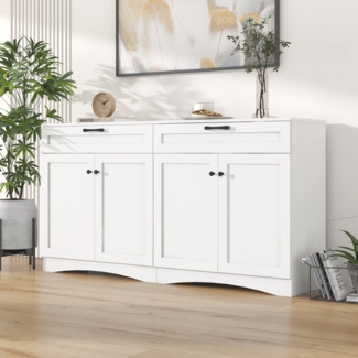 Seitenschrank 160 x 40 x 85 cm, Beistellschrank weiß, 2 Schränke + 2 Schubladen, 4 Türen, großer Stauraum, geschwungenes Design