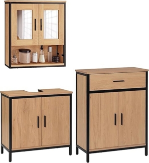 EUGAD Badmöbel-Set, (3-St), mit 2 Spiegeln, aus Holzwerkstoff, Helle Eiche+Schwarz