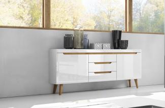 Sideboard Kommode "Nordi" Wohnzimmer 160cm weiß hochglanz riviera eiche MDF grifflos