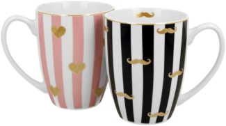 DUO 2er SET Becher 360 ml MOUSTACHE & SMALL HEARTS - New Bone China Porzellan