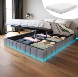 OKWISH Polsterbett Funktionsbett,Kinderbett,Jugendbett,Gästebett (mit Stauraum und LED-Beleuchtung – Multifunktionales Design ohne Kopfteil, Luftdruck-Lagersystem, Robuster Metallrahmen für 250 kg Belastbarkeit, Perfekt für Schlafzimmer und moderne Woh...