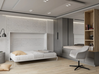 Vente-unique - Schrankbett 140 x 200 cm + Matratze - Manuelle horizontale Öffnung - Weiß & Grau - MALINA II