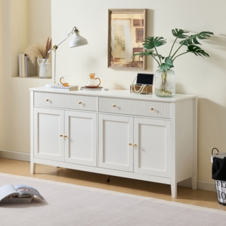 Merax Stilvoller weißer Esszimmer Sideboard mit 2 Schubladen und 4 Türen – Elegantes Buffet für Küche, Esszimmer & Wohnzimmer mit goldenen Griffen und großzügigem Stauraum