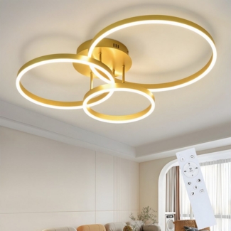 Nettlife LED Deckenleuchte Gold Dimmbar 2 Ring Acryl 46W 59CM Wohnzimmer Modern, Dimmbar mit Fernbedienung, LED fest integriert, Geeignet für Wohnzimmer, Schlafzimmer, Küche, Esszimmer, Büro