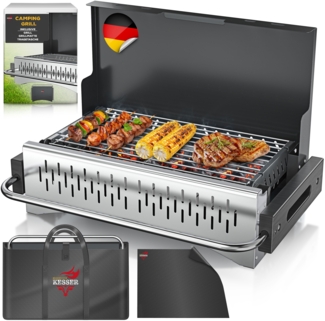 KESSER® Klappgrill tragbarer Camping Grill | Holzkohlegrill aus pulverbeschichtetem Stahl inklusive Grillrost, Grillmatte & Tragetasche | Faltbar BBQ ideal für Camping, Picknick & Angeln Schwarz, Ohne Beine