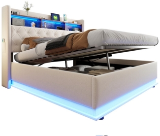 OKWISH Polsterbett Funktionsbett,Stauraumbett,Doppelbett,Gästebett (Luxuriöses LED-Polsterbett,mit USB-Ladeanschluss und hydraulischem Stauraum, 180 x 200 cm), ohne Matratze