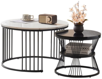 Merax Couchtisch in Marmoroptik mit Metallrahmen (2er Set), Beistelltisch mit drei Ablagen, Satztisch rund