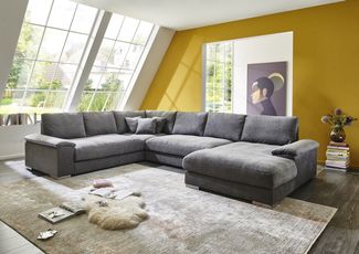 Wohnlandschaft >Adriena< U-Form, 10 Kissen, Daune, Easy-clean Bezug grau - 360x90x275cm (BxHxT)