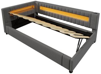 MODFU Schlafsofa Polsterbett, mit USB-C, hydraulischem Bettkasten & 7-Farben-Licht 90x200cm, ohne Matratze