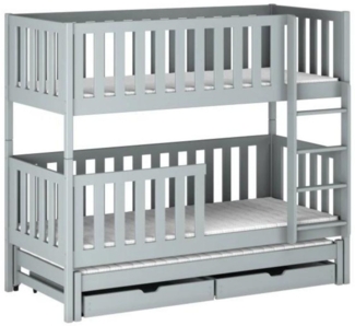 Deine Möbel 24 Etagenbett Hochbett Kinderbett Funktionsbett LUKAS 90x200 in Grau (Matratzen optional Bett für 3 Personen Gästebett, 3-St, inkl Lattenrost, 2 Schubladen, Leiter und Rausfallschutz), aus Massivholz Vollholz Kiefernholz, in 2 Betten umbaubar