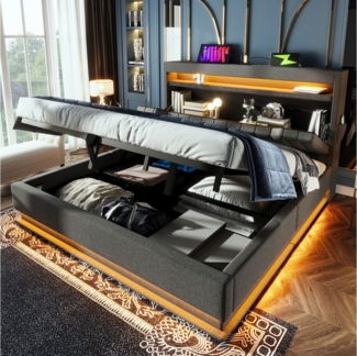REDOM Polsterbett Bequeme Betten mit Stauraum und LED-Beleuchtung (Struraumbett, Funktionsbett, 160x200 cm, ohne Matratze, Grau), mit USB- und Typ-C-Anschlüssen, LED-Beleuchtung