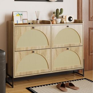 Merax Schuhschrank mit 4 Klapptüren und PE-Rattan Front (Kommode Schrank Schuhkommode Schuhregal, 1-St, 121×25×91,5cm) Schmaler Schuhkipper mit schwarzen Griffen & goldenen Metallfüßen