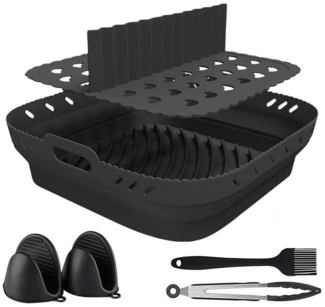 RWEUOQ Silikonform Heißluftfritteuse Zubehör, Wiederverwendbar Air Fryer Accessories, (Backform Zubehörset 6-tlg), zwei Ofenhandschuhen, Bürste, Verbrühungsschutz-Clip