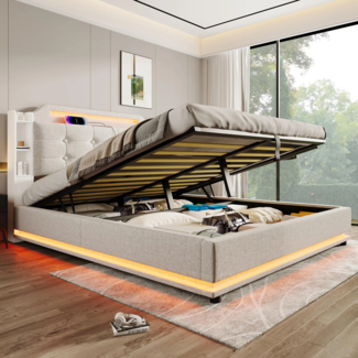 Polsterbett mit Stauraum, Lattenrost, LED-Beleuchtung, Mehrfachsteckdose und Kopfteil, 140x200 cm, Doppelbett, Leinen