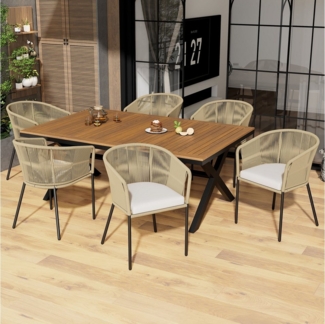 BlingBin Gartenlounge-Set Garten-Essgruppe, Garten-Lounge-Set aus Seil, für 6 Personen, (6 Sessel und 1 Tisch, Tisch aus Akazienholz, 7-tlg, Tragendes Gewicht: 160kg/Einzelplatz, 80kg/Tisch, Beige), Mit Fußpolstern und Sechs Sitzkissen, Abnehmbar und W...