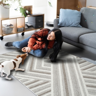 Teppich Wohnzimmer - 200x290cm - Beige Braun Grau - Boho-Style mit Fransen - Modern Geo Muster - Flachflor Wohnteppich Schlafzimmer Deko