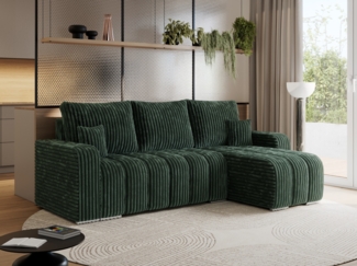 Universelles Ecksofa in Streifen genäht mit Schlaffunktion und Bettkasten, modern Stil - KIRASSO - Grün Cord