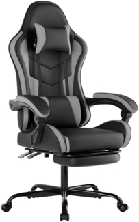 Gaming Chair, Ergonomischer Gaming-Stuhl mit Fußstütze und Lendenwirbelstütze, Kunstleder, Schwarz + Grau