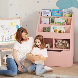 BlingBin Kinderregal Kinder Bücherregal mit Schublade,3 Ablagefächern und 2 offenen Fächern, 1er Set 1-tlg, Aufbewahrungsregal für Kinderzimmer, Spielzimmer